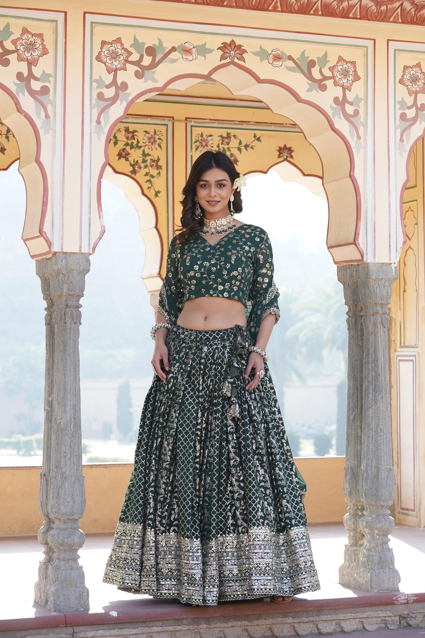 Delightful Jacquard Pink, Green And Wine Color Lehenga Choli