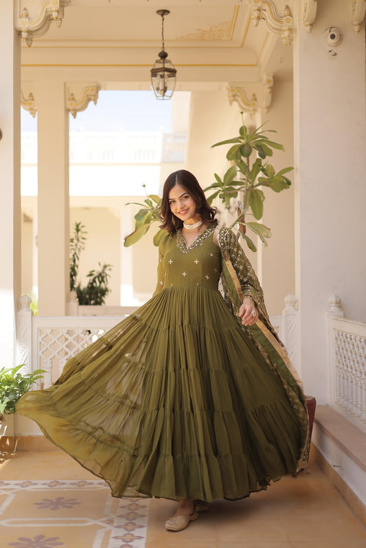 Captivating Georgette Onion And Mehndi Color Layer Flair Gown