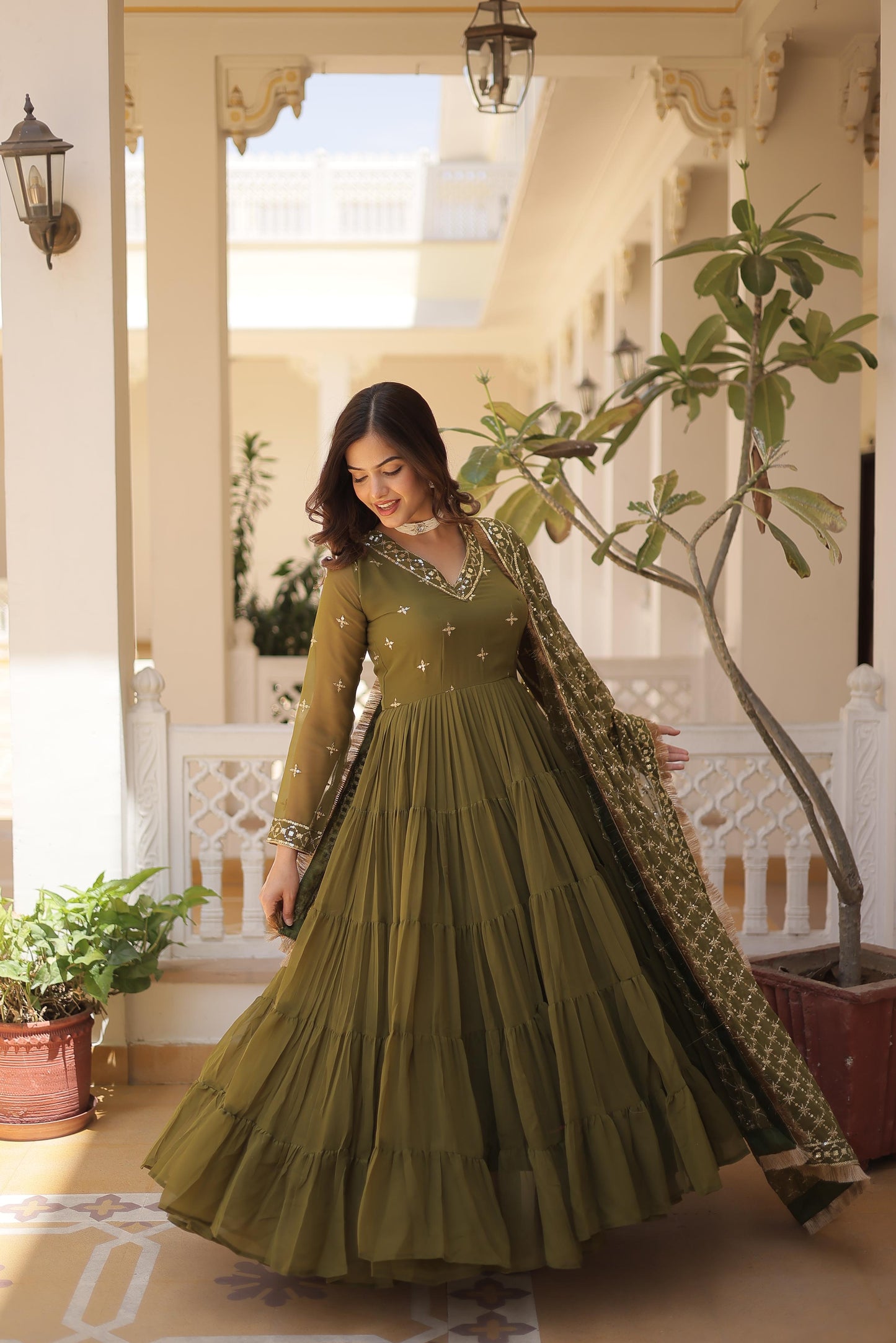 Captivating Georgette Onion And Mehndi Color Layer Flair Gown