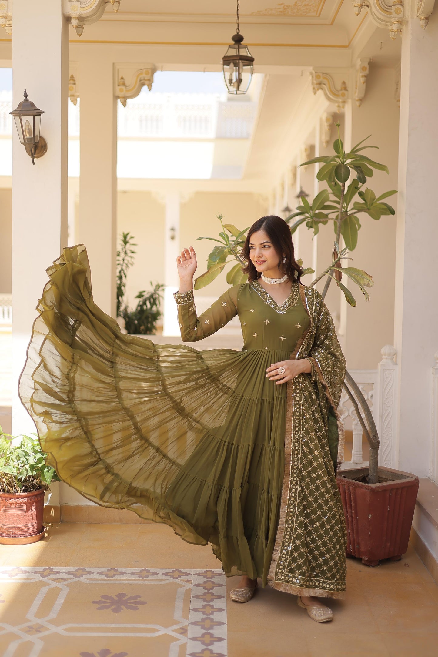 Captivating Georgette Onion And Mehndi Color Layer Flair Gown