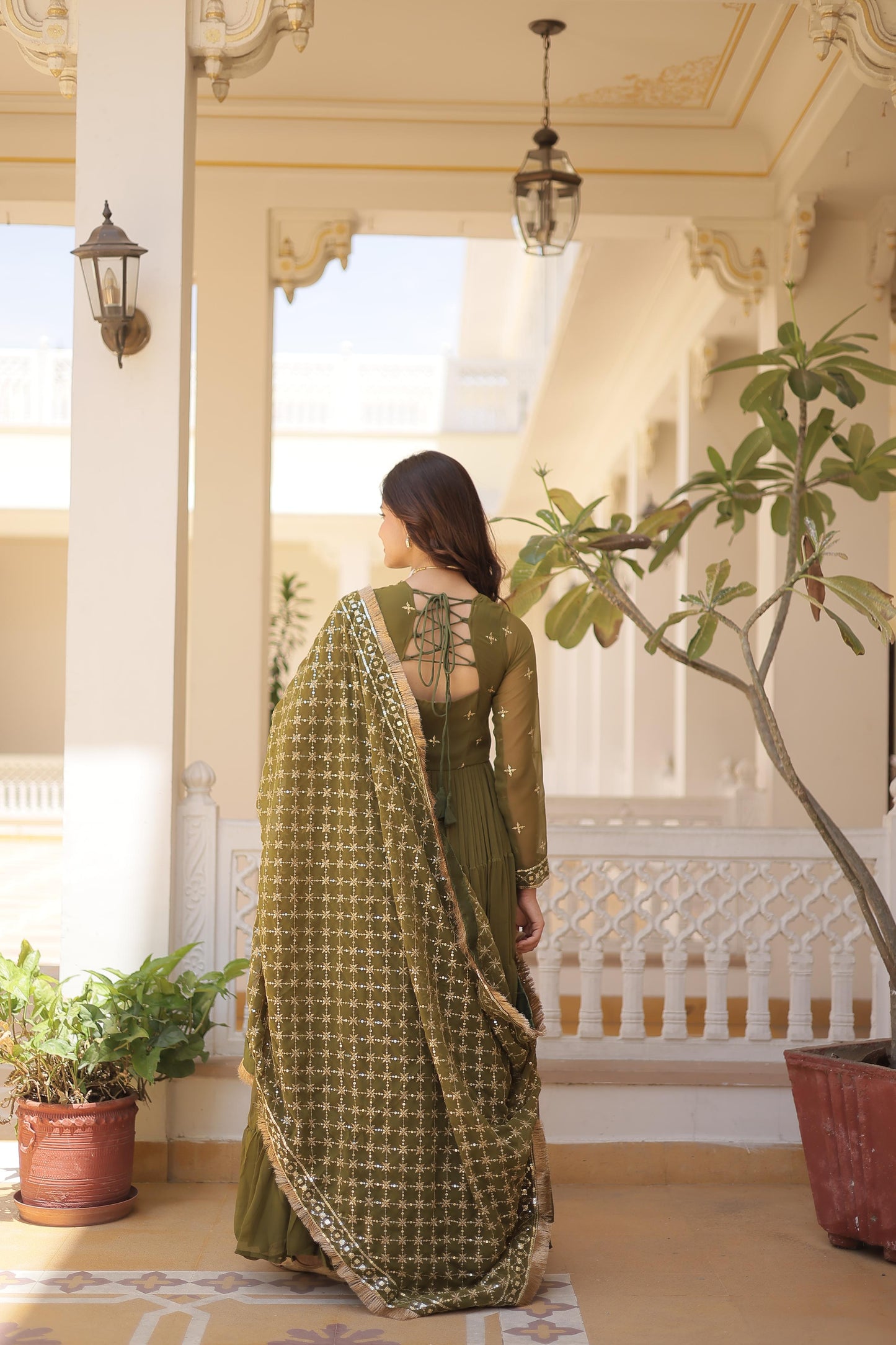 Captivating Georgette Onion And Mehndi Color Layer Flair Gown