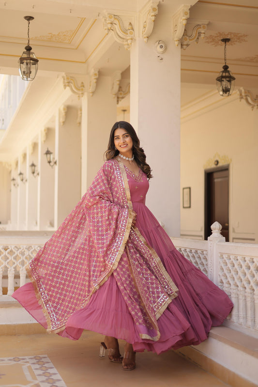 Captivating Georgette Onion And Mehndi Color Layer Flair Gown