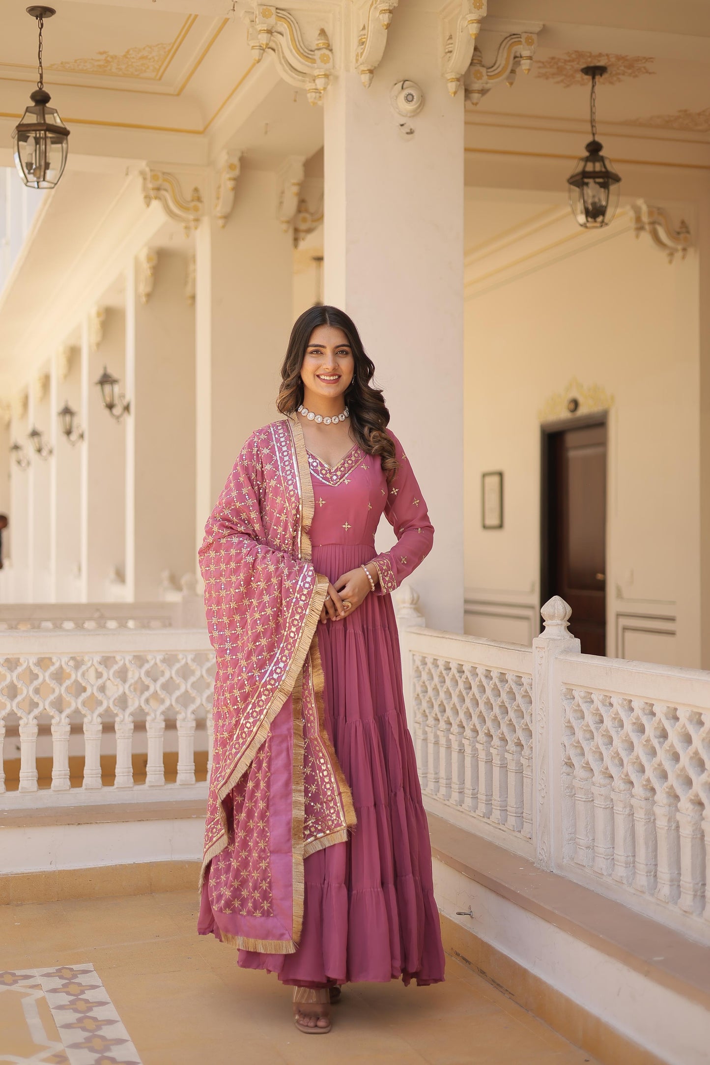 Captivating Georgette Onion And Mehndi Color Layer Flair Gown