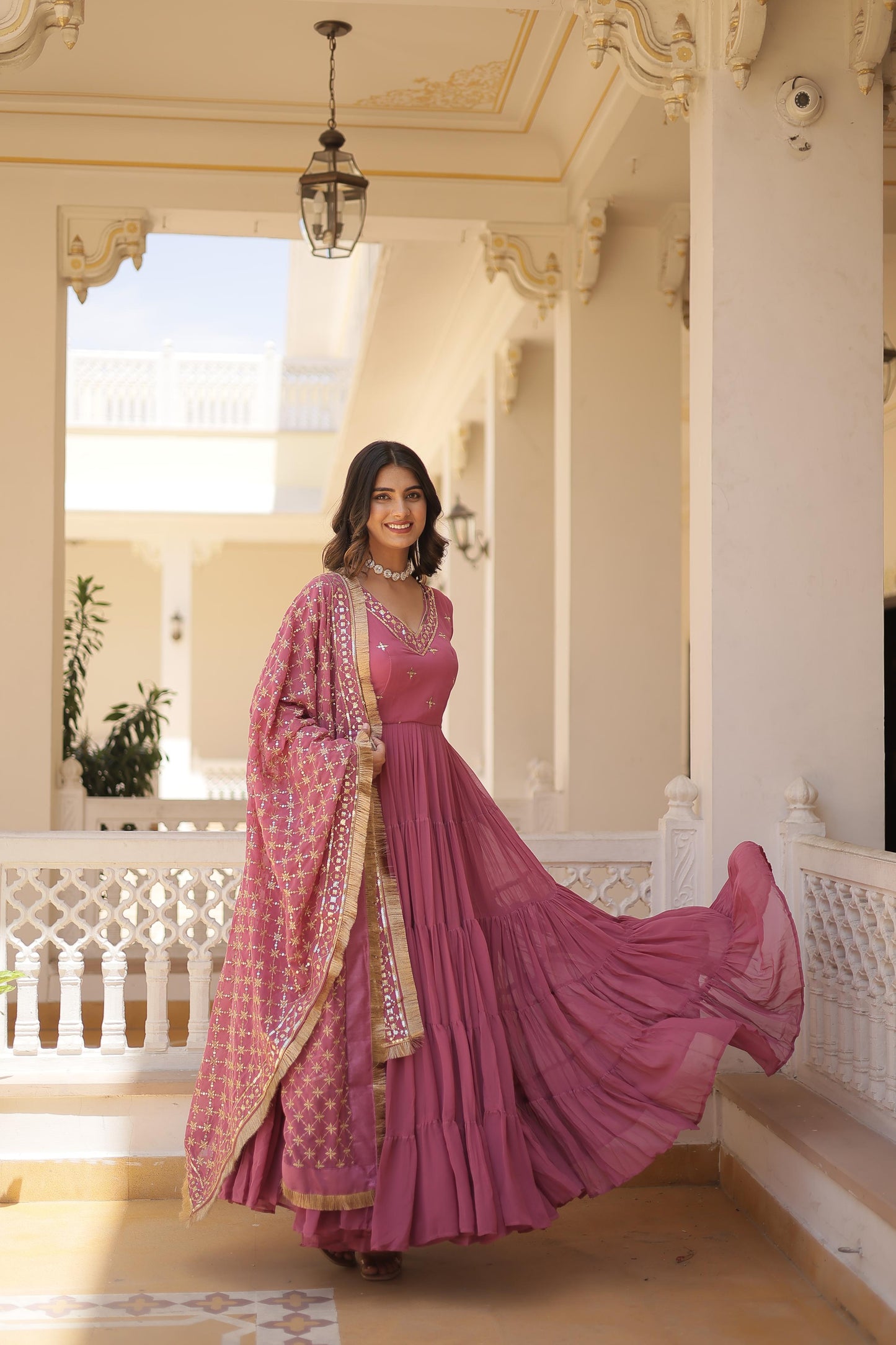 Captivating Georgette Onion And Mehndi Color Layer Flair Gown