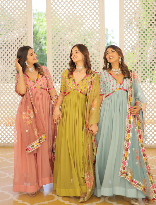 Mesmerizing  Georgette Sequence Work Pista, Mehndi And Sky Color Gown