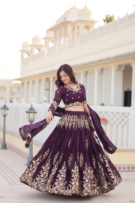 Imposing Georgette Embroidered Work Wine Color Lehenga Choli