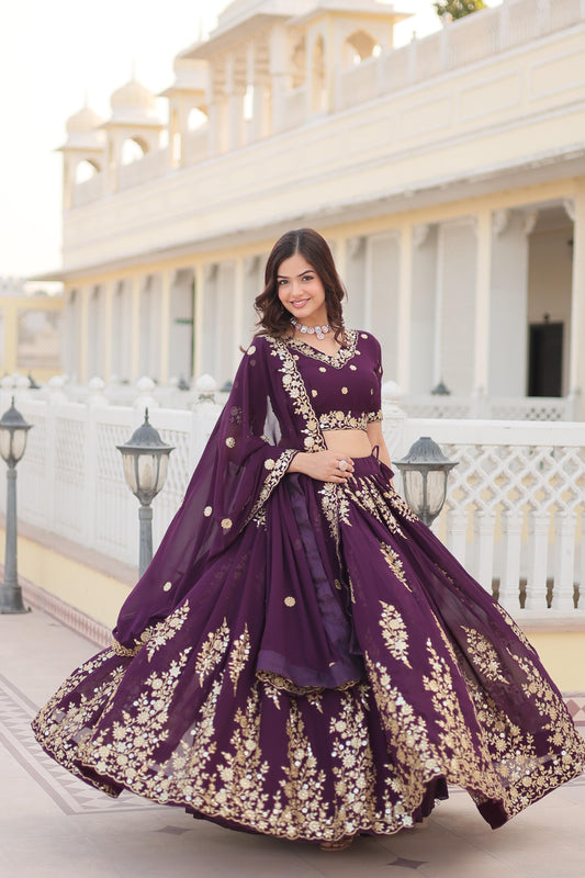 Imposing Georgette Embroidered Work Wine Color Lehenga Choli