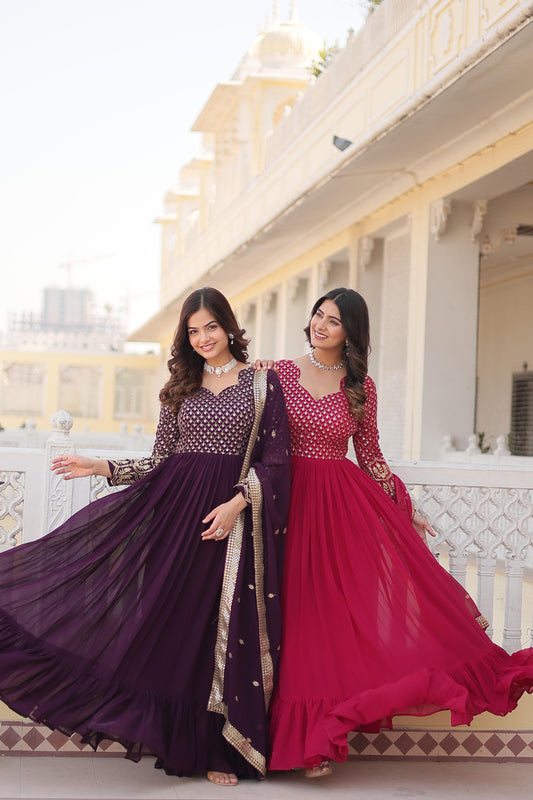 Opulent Embroidered Work Wine And Pink Color Gown