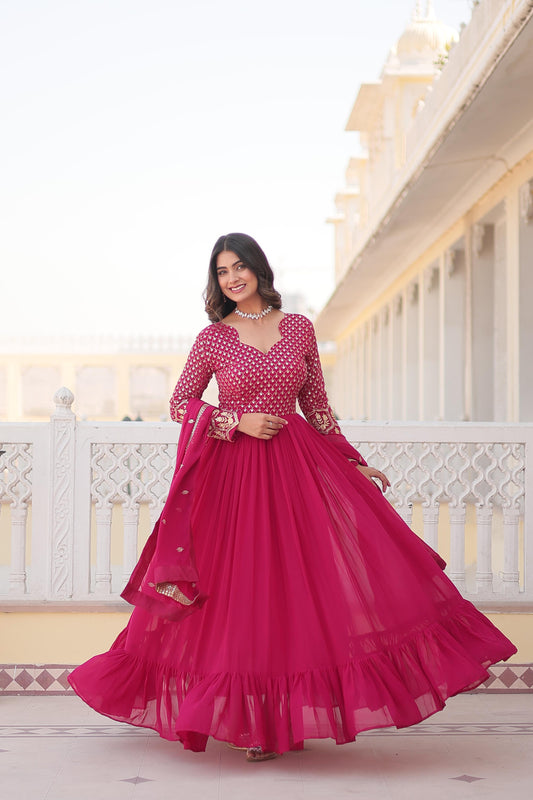 Opulent Embroidered Work Wine And Pink Color Gown