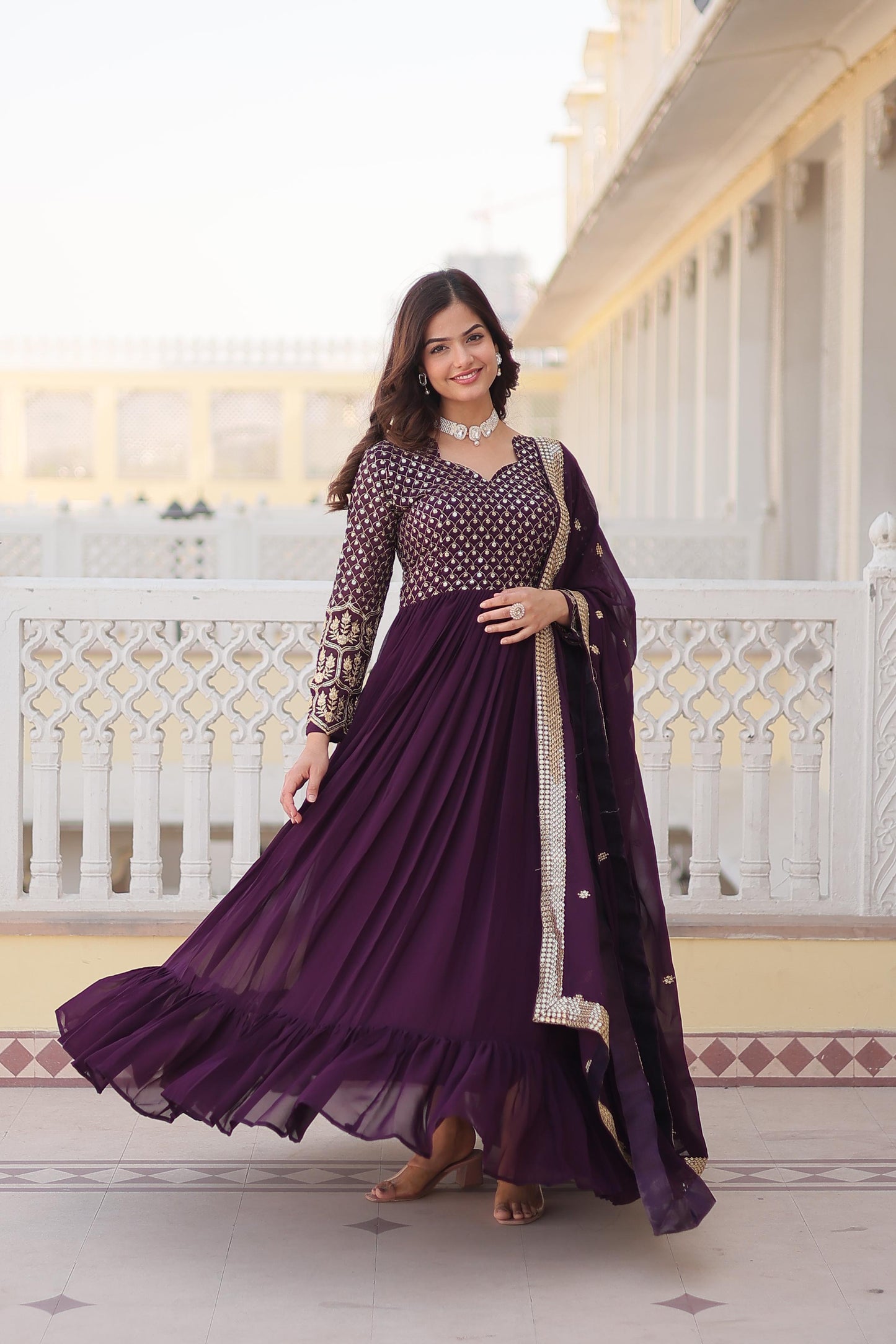 Opulent Embroidered Work Wine And Pink Color Gown