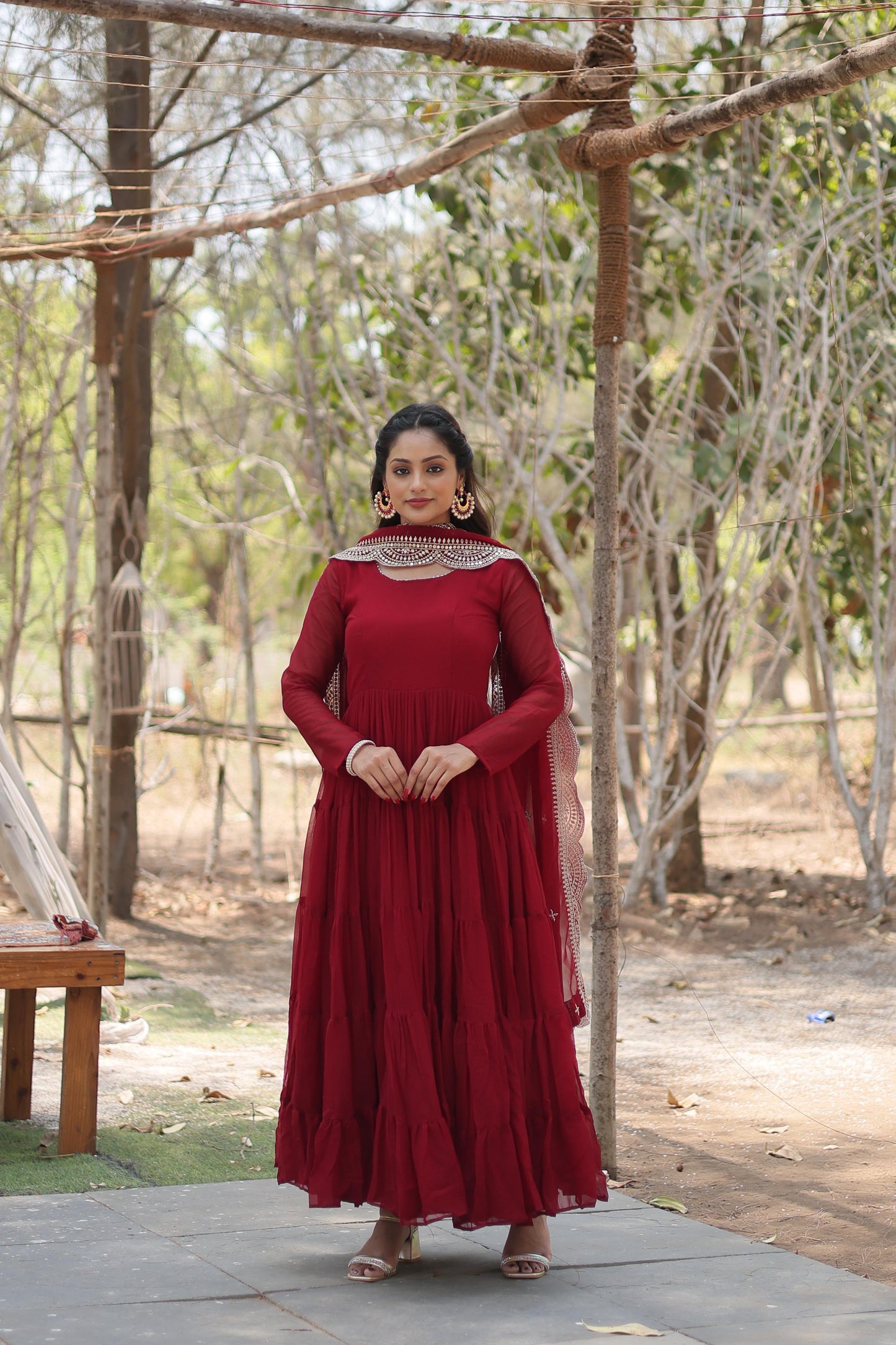 Precious Round Neck Mehndi, White And Maroon Color Gown With Heavy Dupatta