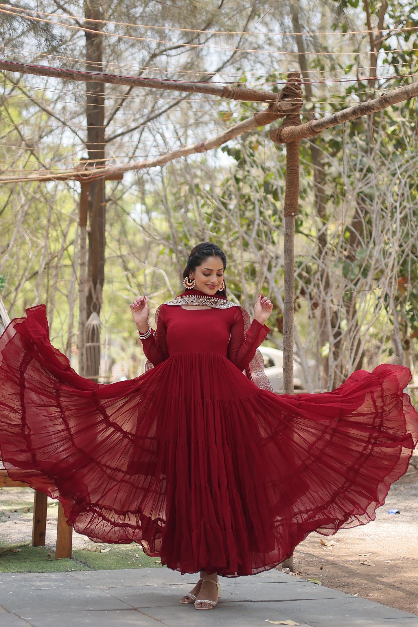Precious Round Neck Mehndi, White And Maroon Color Gown With Heavy Dupatta