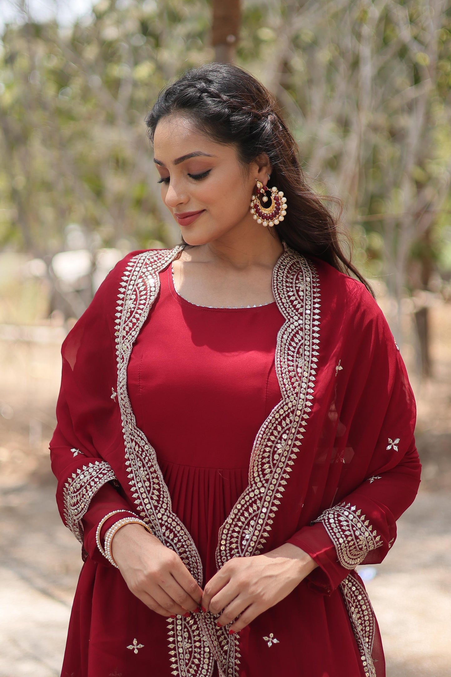 Precious Round Neck Mehndi, White And Maroon Color Gown With Heavy Dupatta
