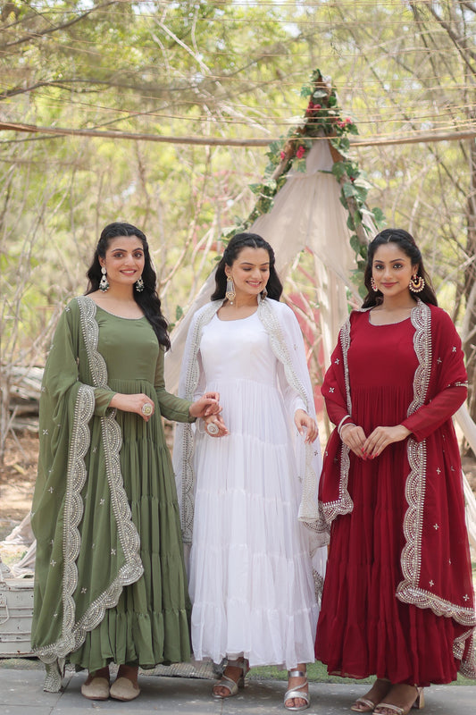 Precious Round Neck Mehndi, White And Maroon Color Gown With Heavy Dupatta