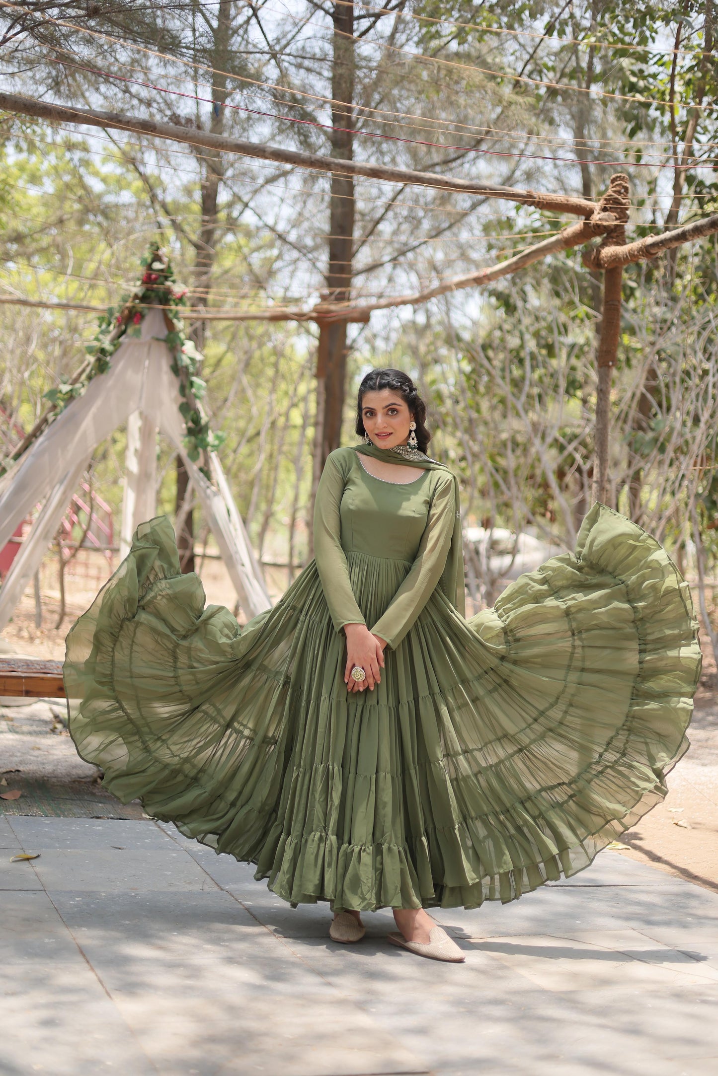 Precious Round Neck Mehndi, White And Maroon Color Gown With Heavy Dupatta