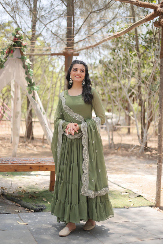 Precious Round Neck Mehndi, White And Maroon Color Gown With Heavy Dupatta