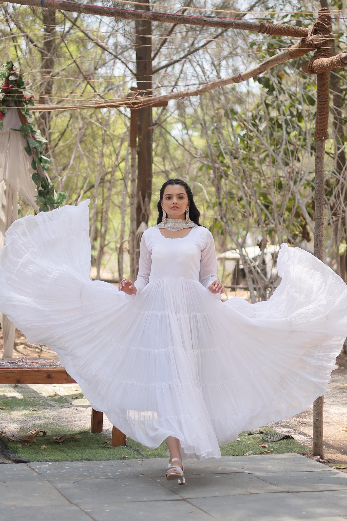 Precious Round Neck Mehndi, White And Maroon Color Gown With Heavy Dupatta