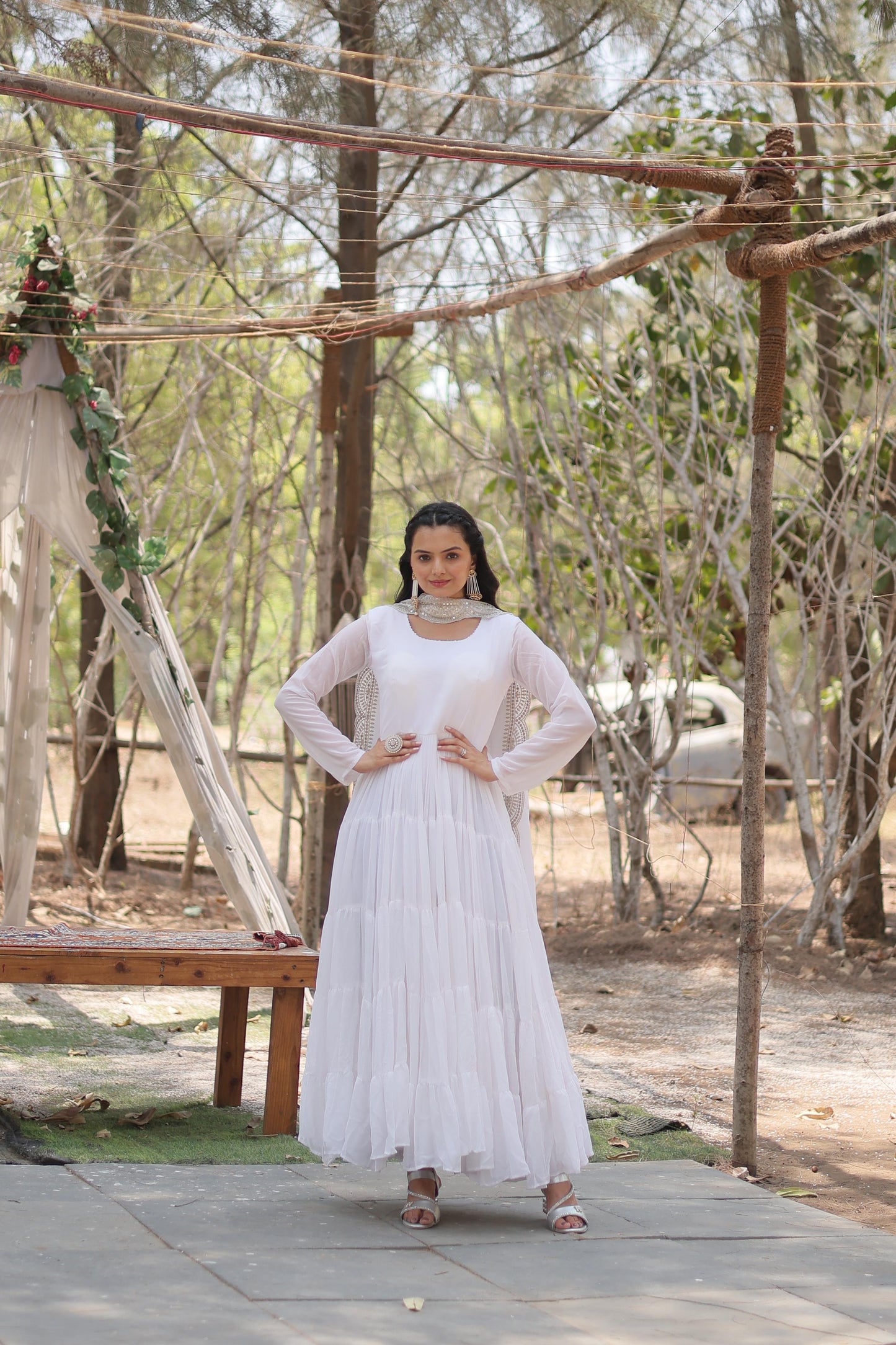 Precious Round Neck Mehndi, White And Maroon Color Gown With Heavy Dupatta