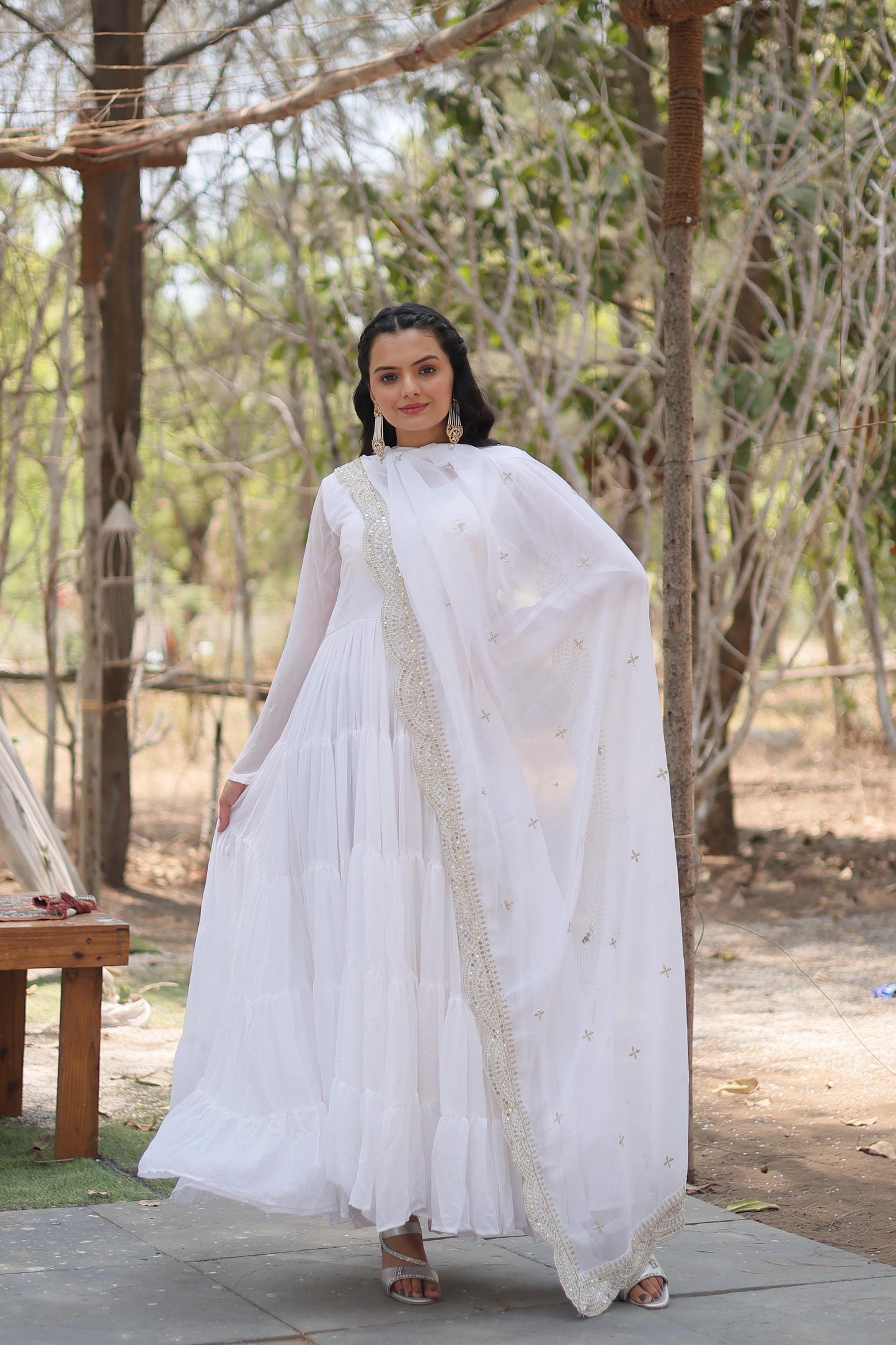 Precious Round Neck Mehndi, White And Maroon Color Gown With Heavy Dupatta