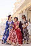 Blissful Pure Dyable Jacquard Blue, Red And Wine Color Lehenga Choli