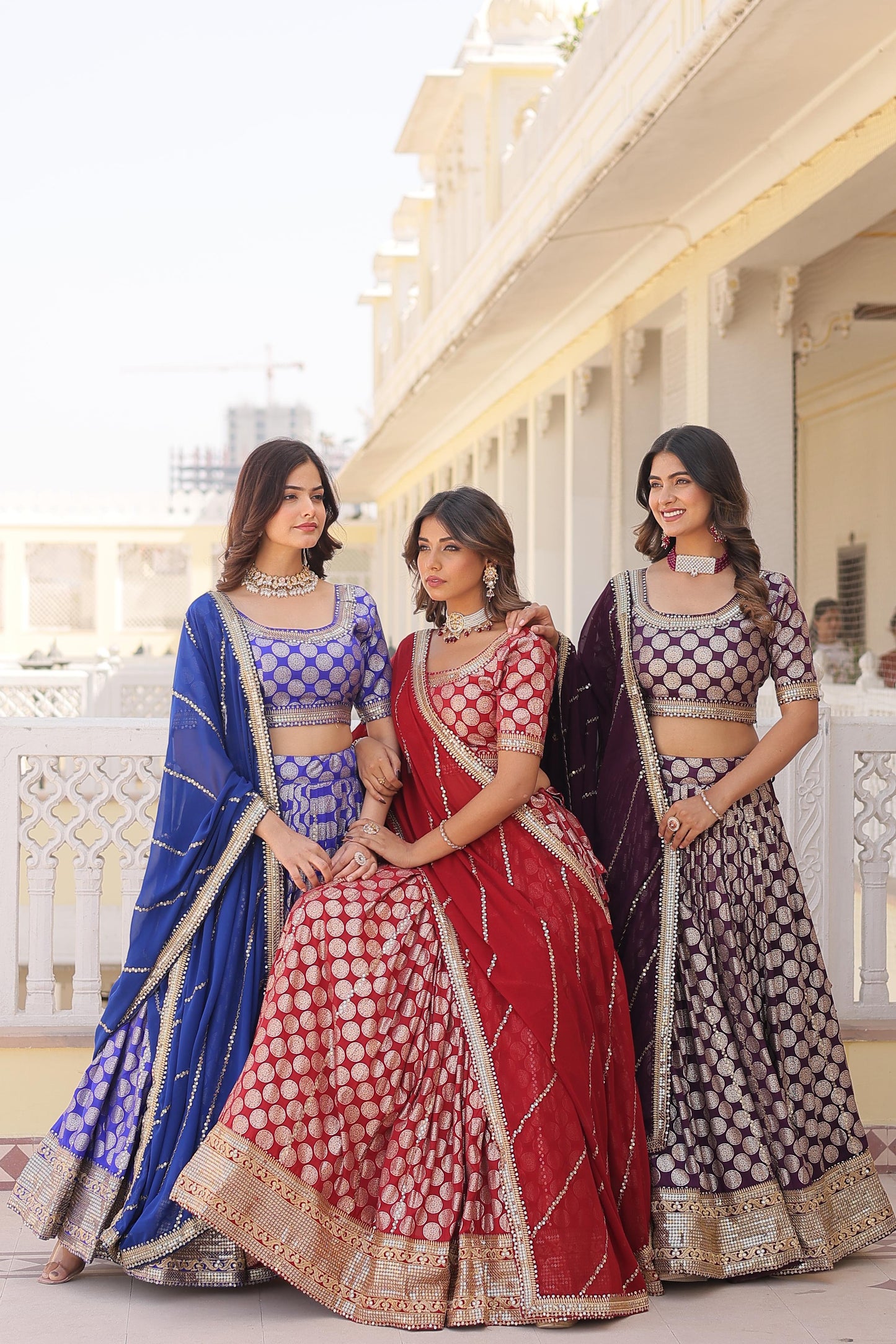 Blissful Pure Dyable Jacquard Blue, Red And Wine Color Lehenga Choli