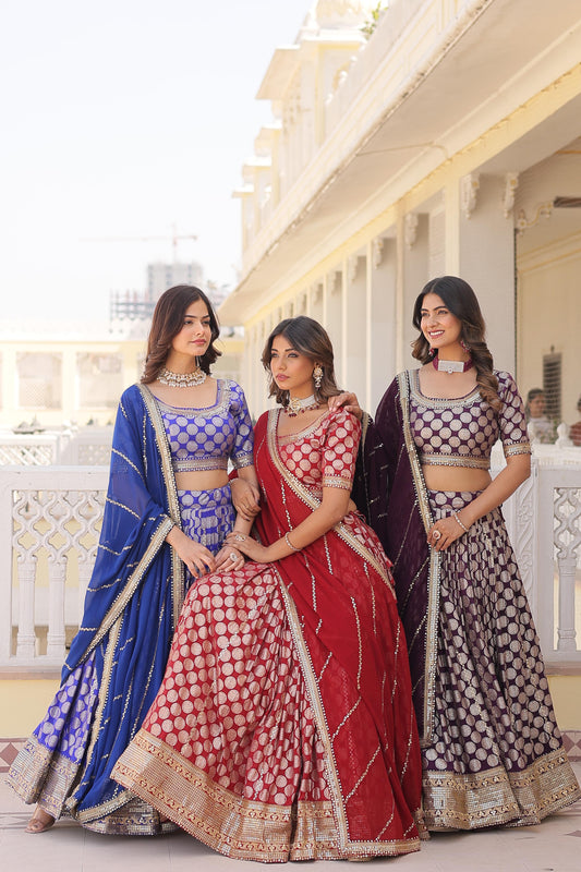 Blissful Pure Dyable Jacquard Blue, Red And Wine Color Lehenga Choli