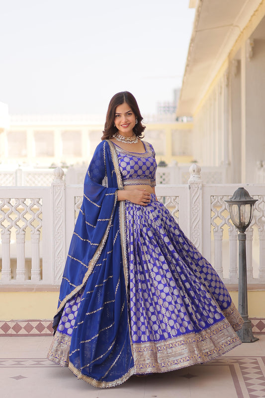 Blissful Pure Dyable Jacquard Blue, Red And Wine Color Lehenga Choli