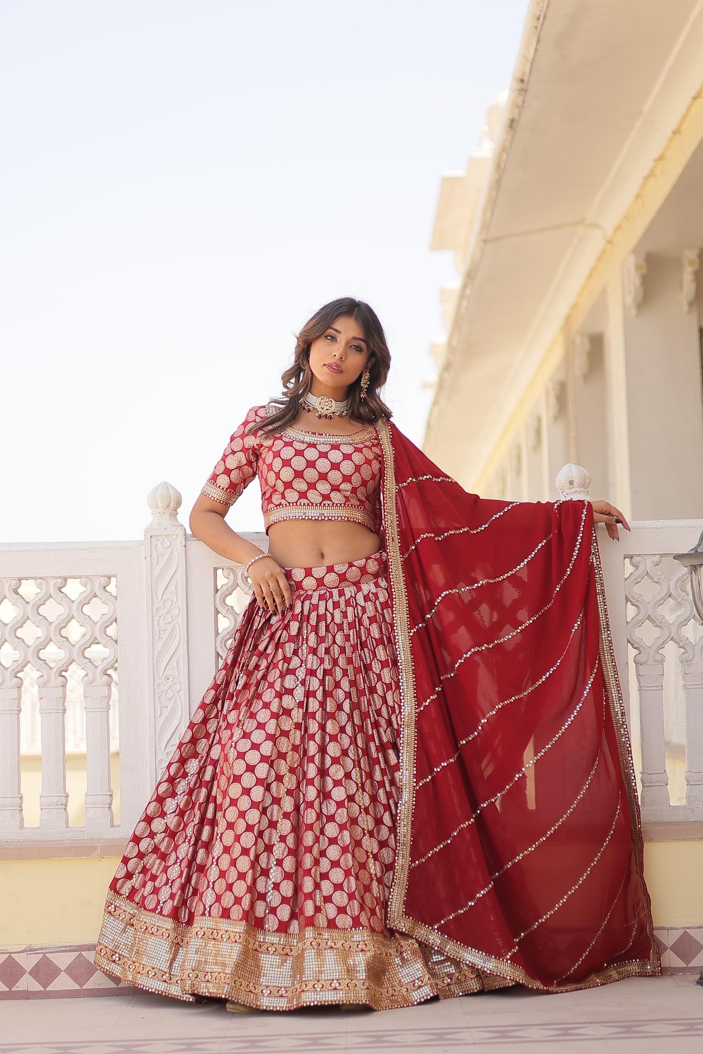 Blissful Pure Dyable Jacquard Blue, Red And Wine Color Lehenga Choli