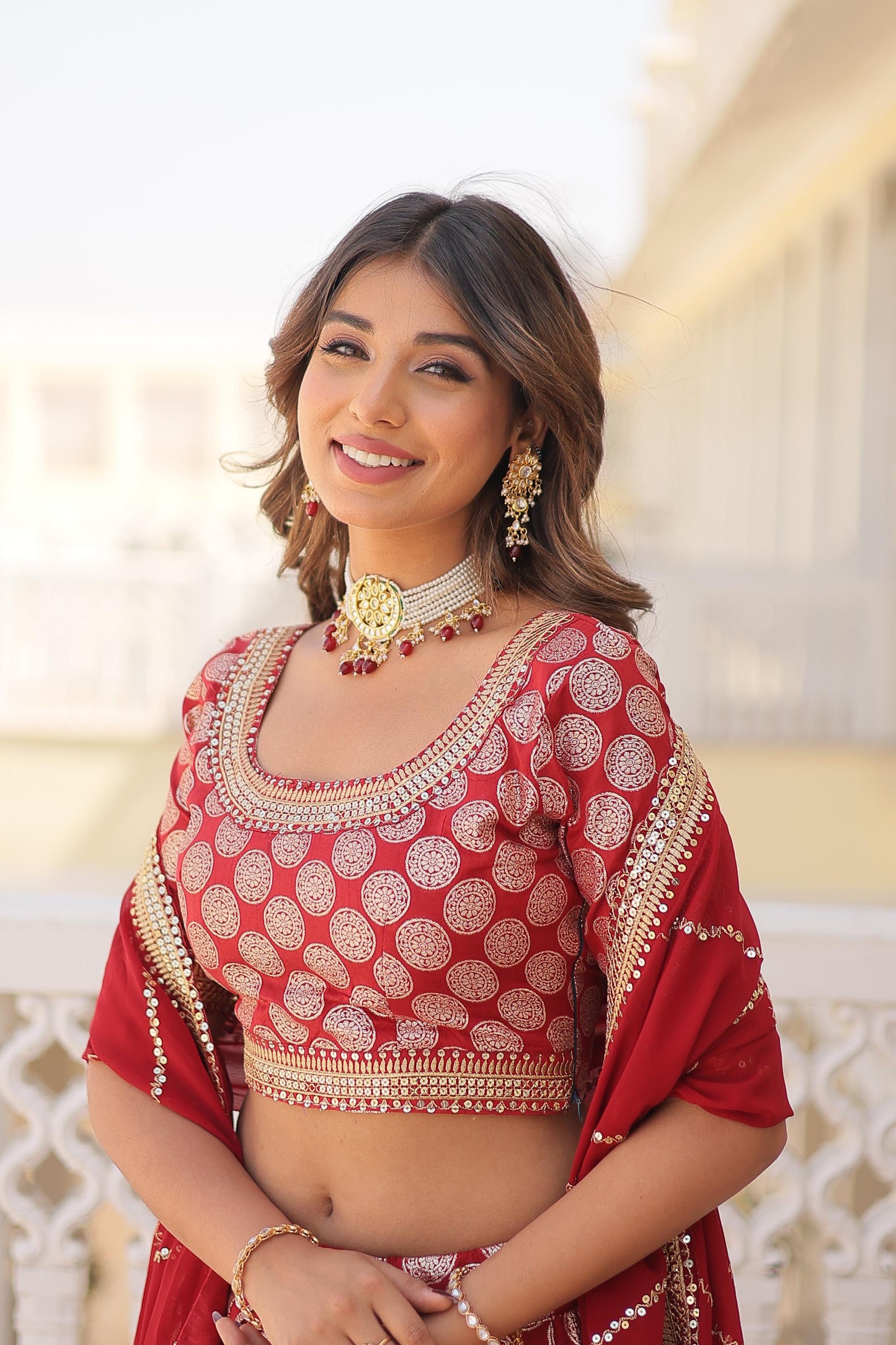 Blissful Pure Dyable Jacquard Blue, Red And Wine Color Lehenga Choli