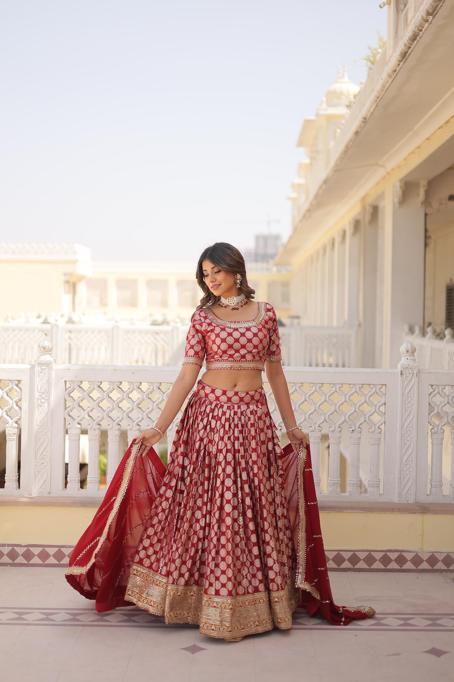 Blissful Pure Dyable Jacquard Blue, Red And Wine Color Lehenga Choli