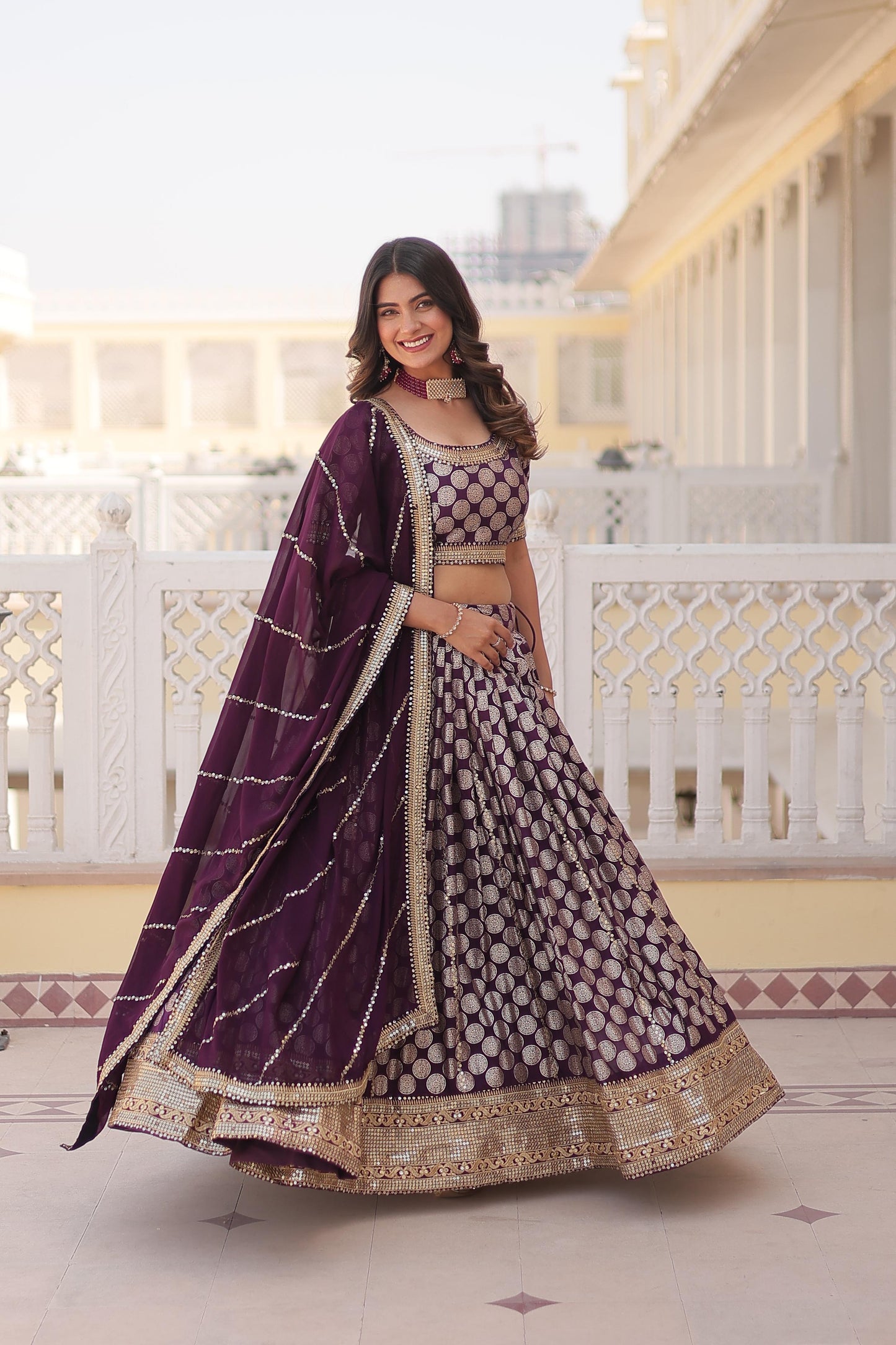 Blissful Pure Dyable Jacquard Blue, Red And Wine Color Lehenga Choli
