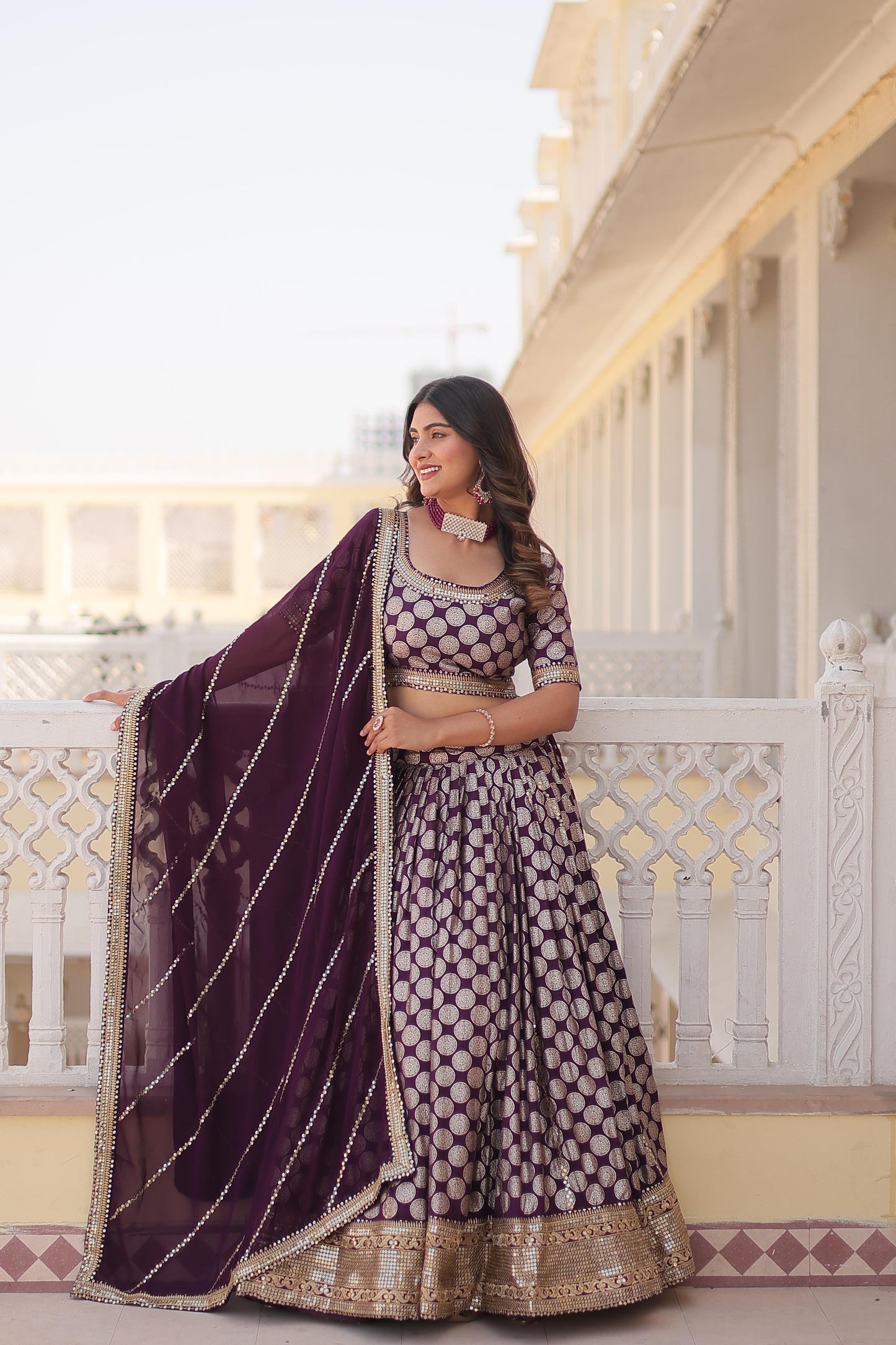 Blissful Pure Dyable Jacquard Blue, Red And Wine Color Lehenga Choli