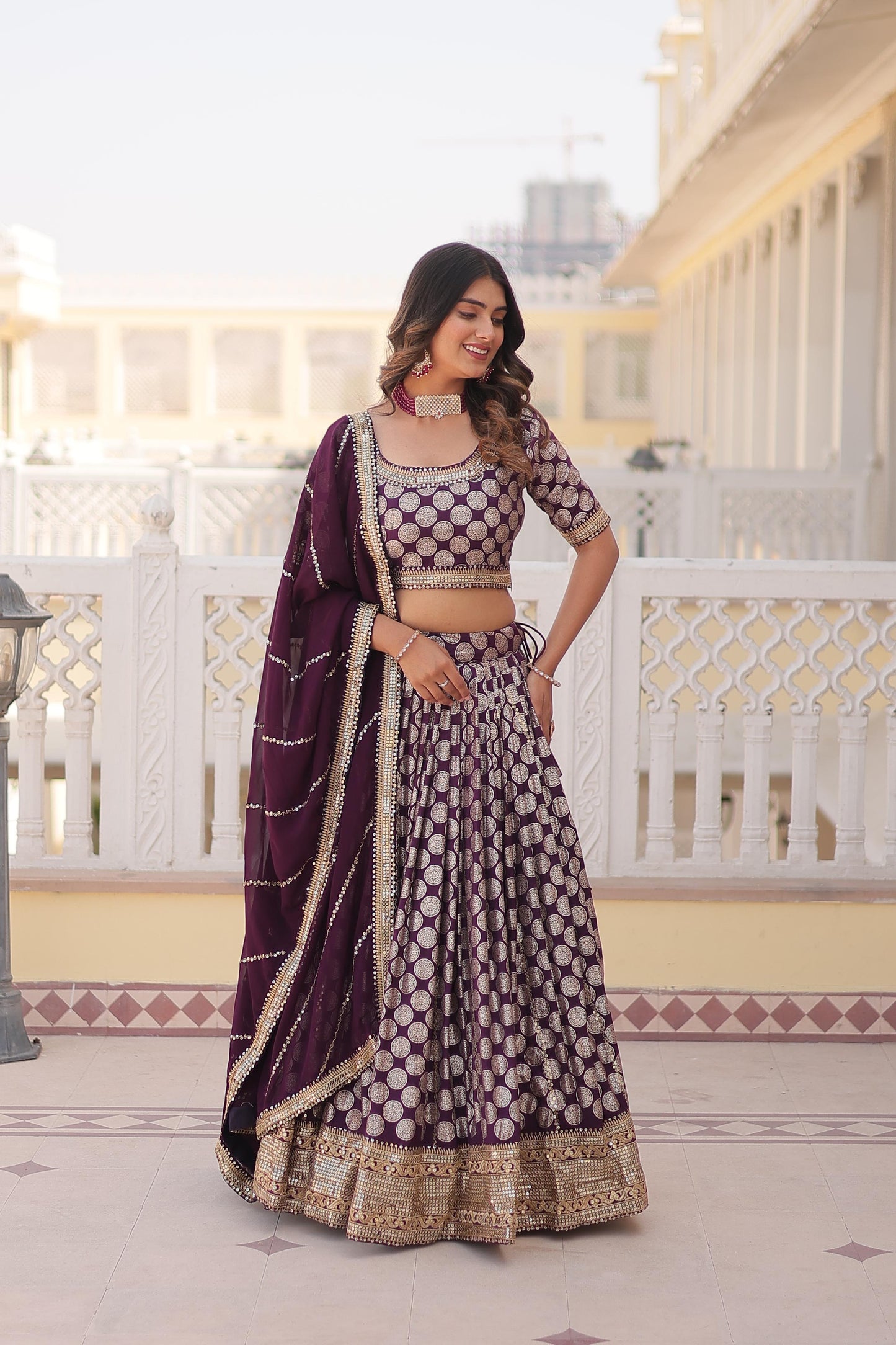 Blissful Pure Dyable Jacquard Blue, Red And Wine Color Lehenga Choli
