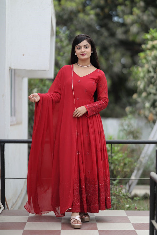 Maroon Color Georgette Fabric Anarkali Suit Set