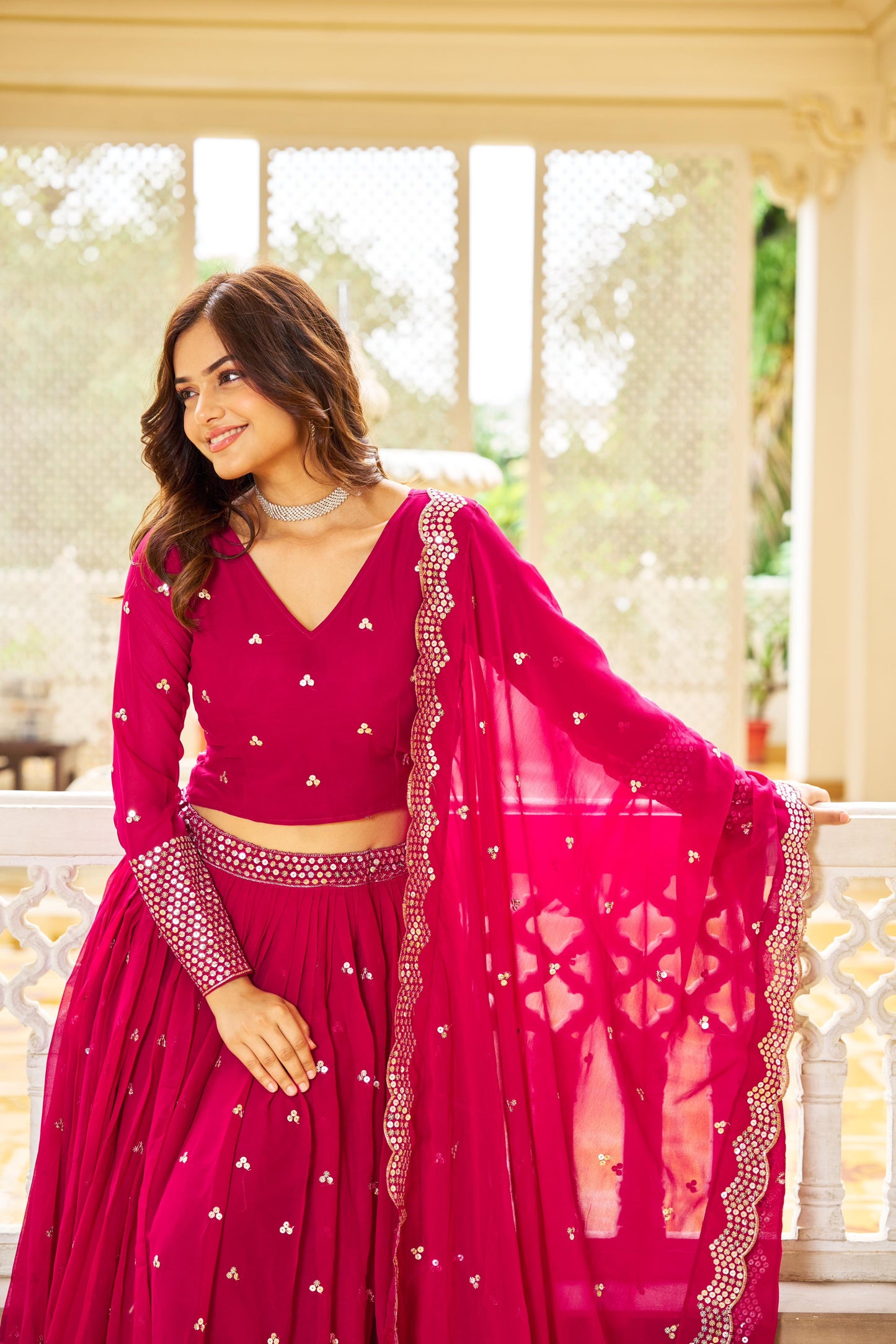 Beautiful Georgette Pink, Purple And Red Color Lehenga Choli