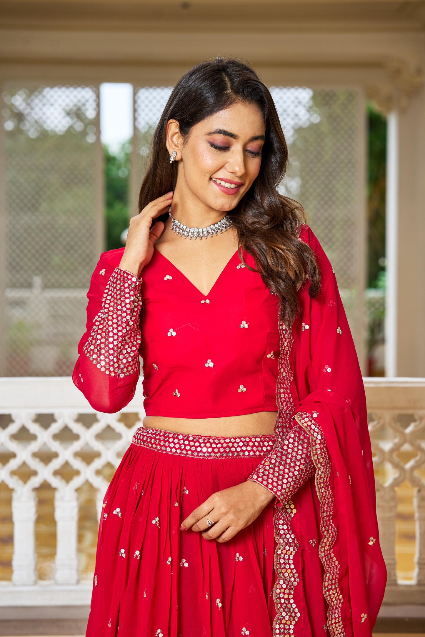 Beautiful Georgette Pink, Purple And Red Color Lehenga Choli