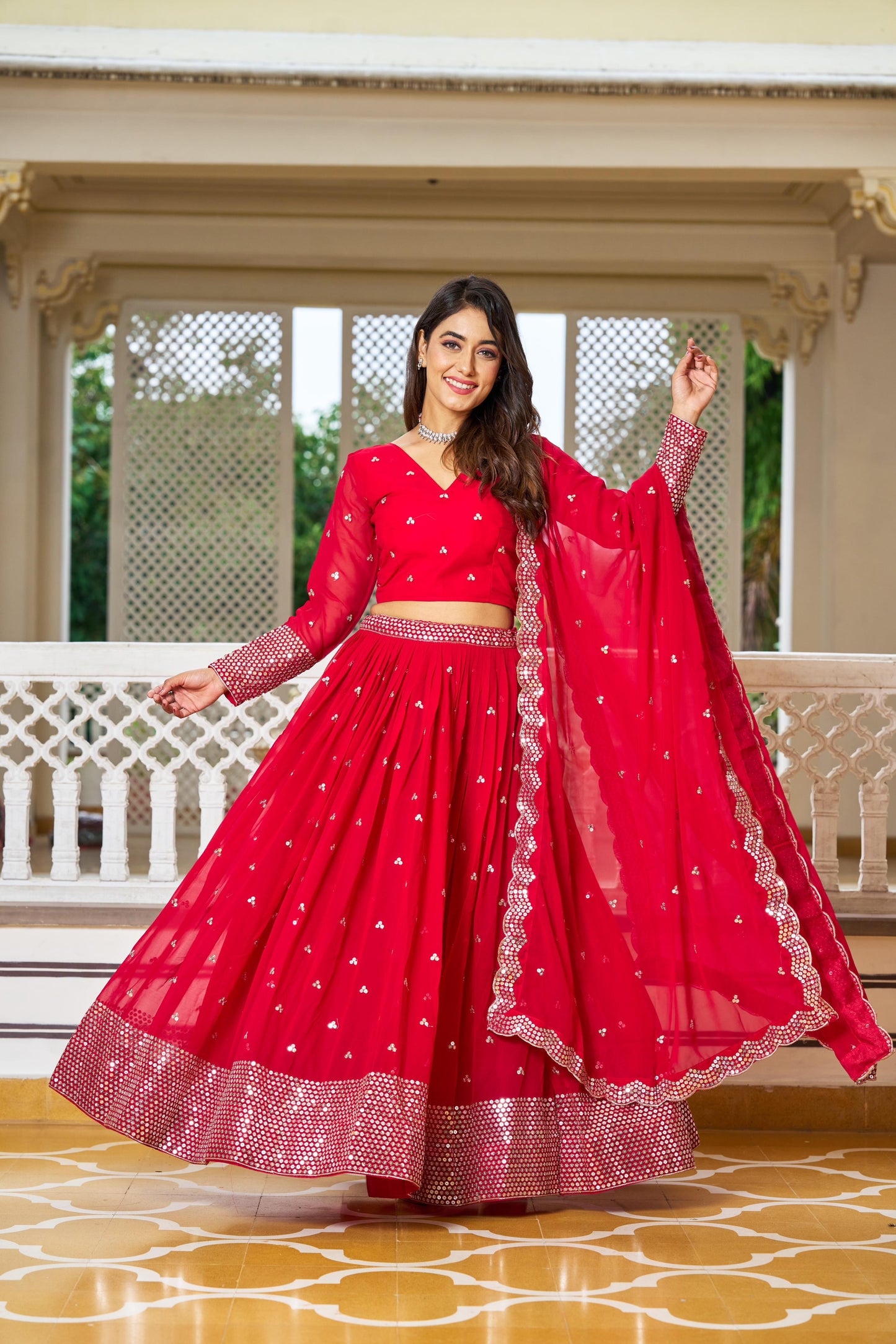 Beautiful Georgette Pink, Purple And Red Color Lehenga Choli