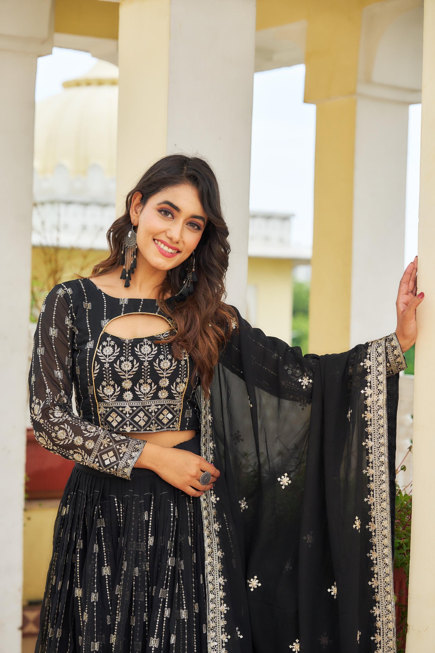 Adorable Georgette Pink & Black Color Lehenga Choli