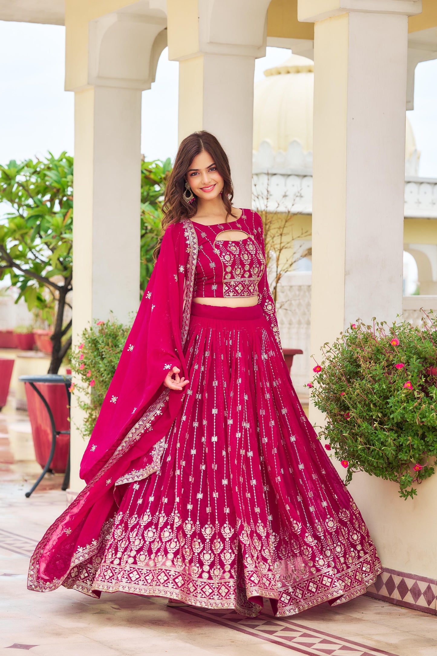 Adorable Georgette Pink & Black Color Lehenga Choli