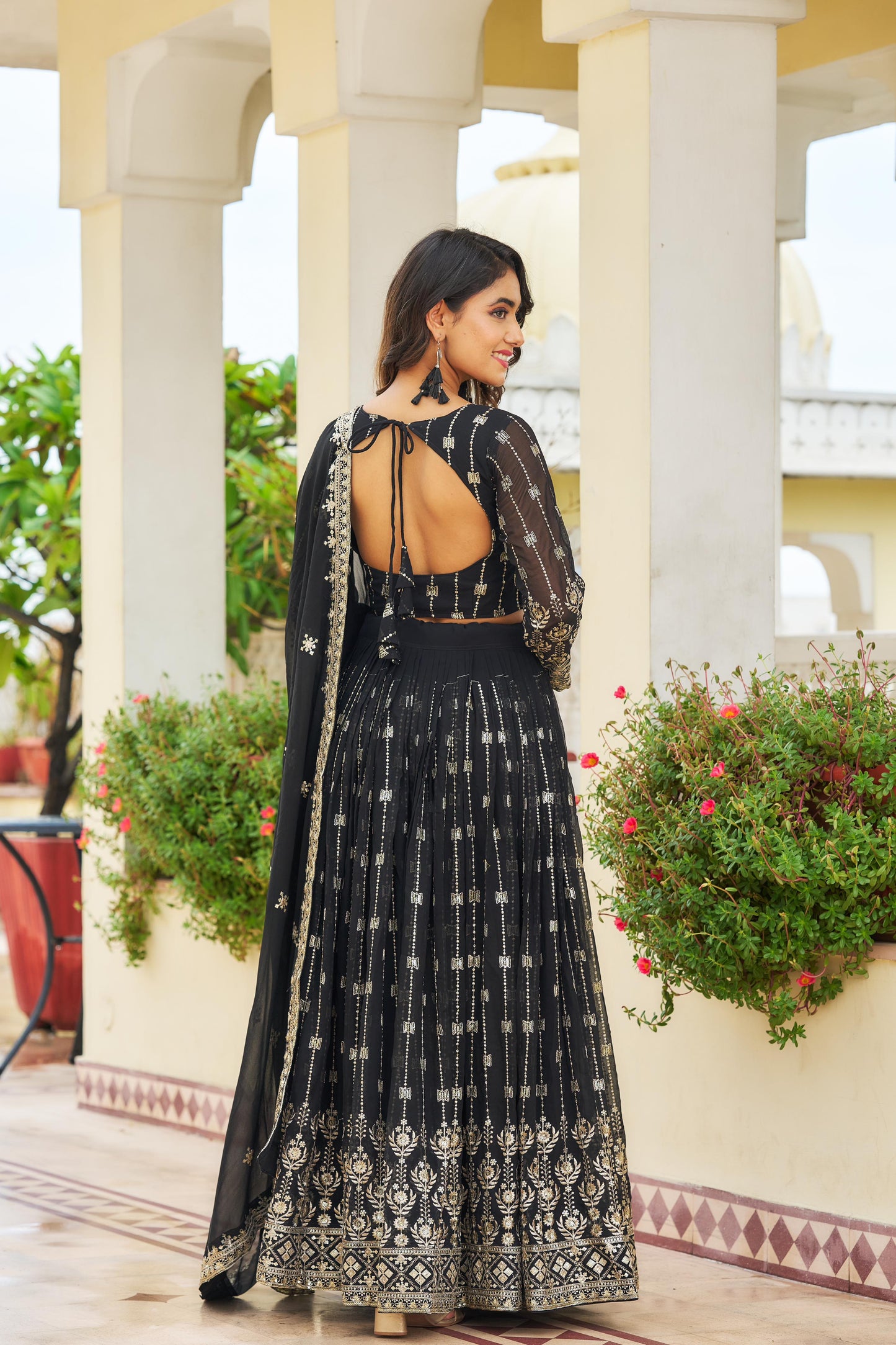 Adorable Georgette Pink & Black Color Lehenga Choli