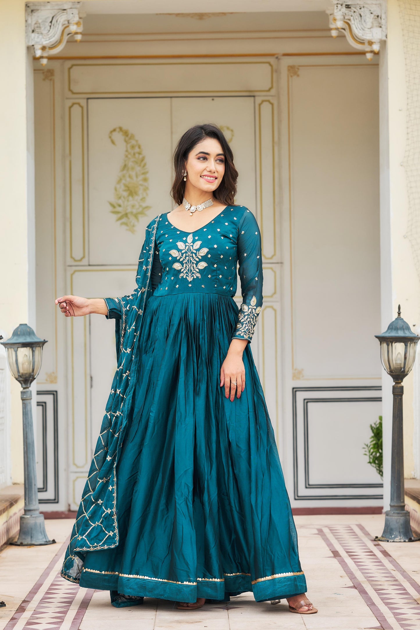 Awesome Rangoli Embroidery Work Teal Blue & Wine Color Gown
