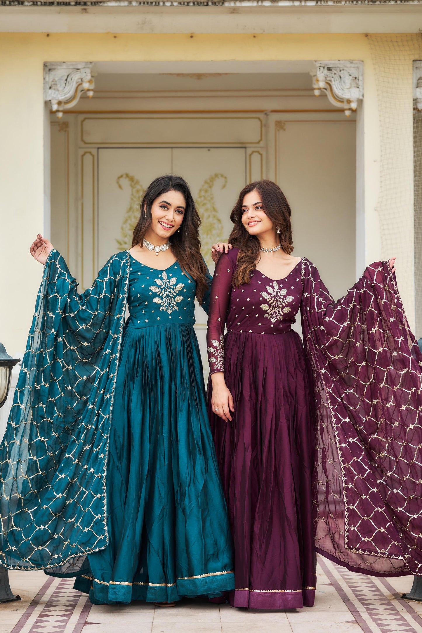 Awesome Rangoli Embroidery Work Teal Blue & Wine Color Gown