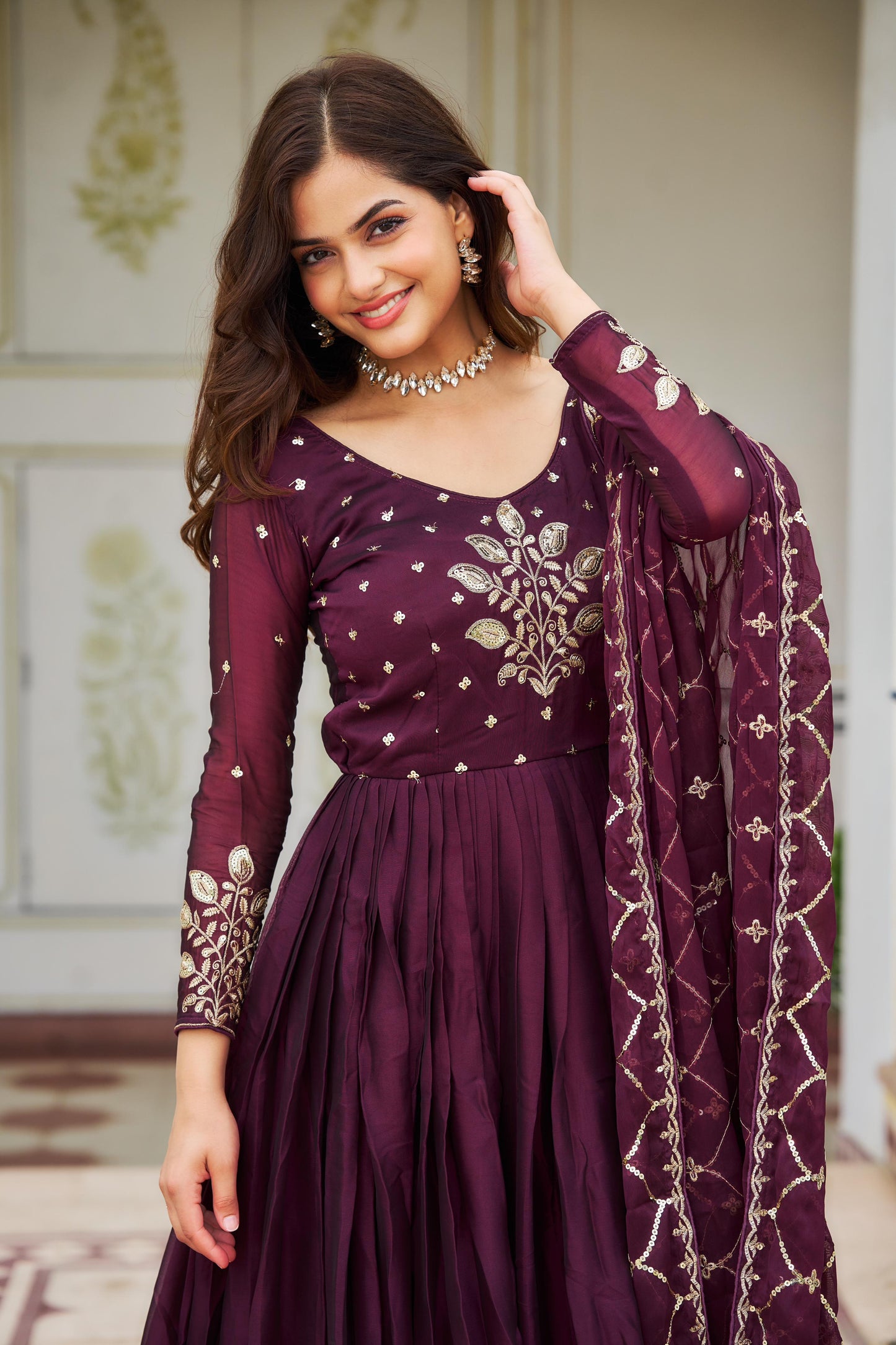 Awesome Rangoli Embroidery Work Teal Blue & Wine Color Gown