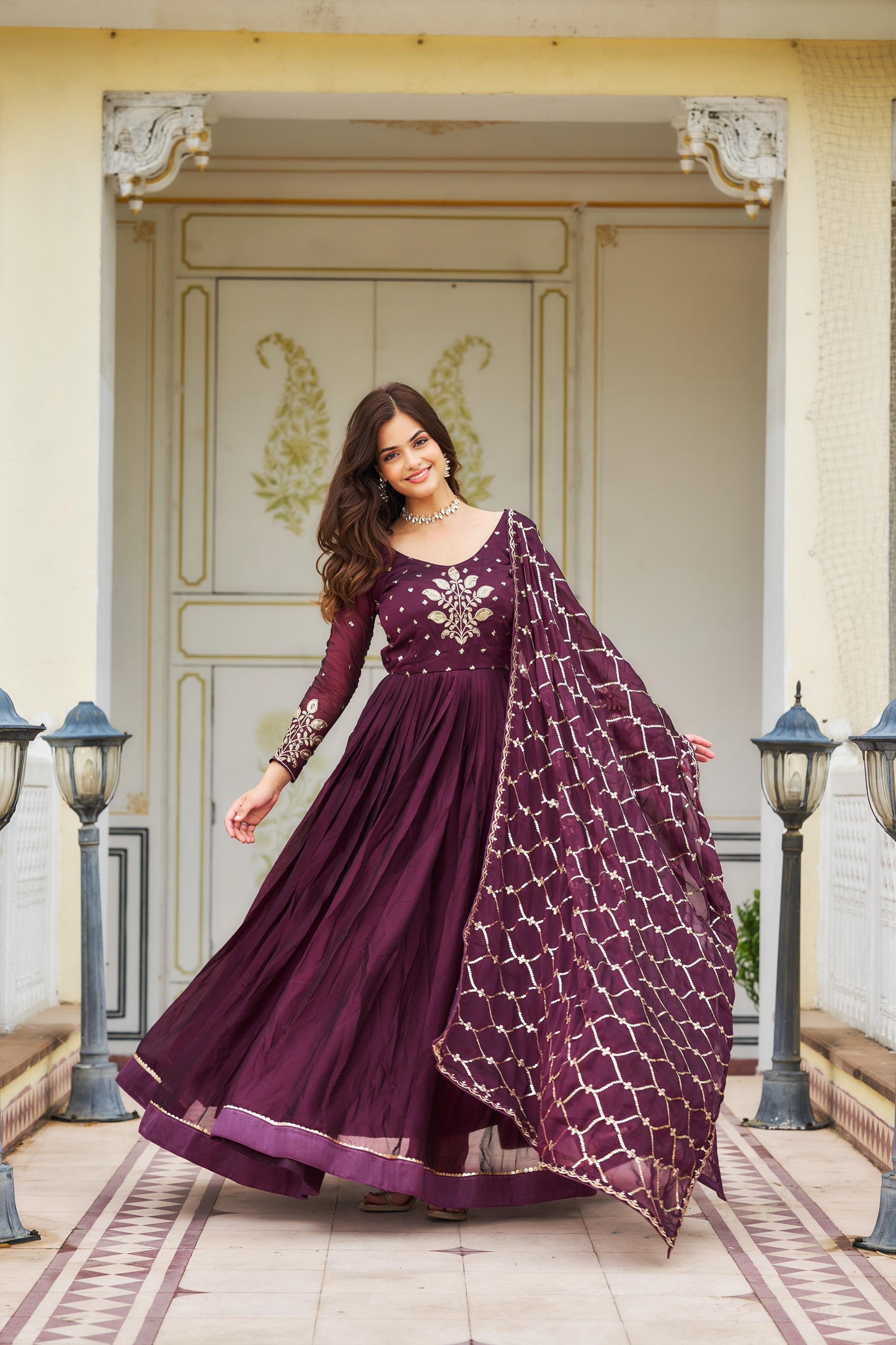 Awesome Rangoli Embroidery Work Teal Blue & Wine Color Gown