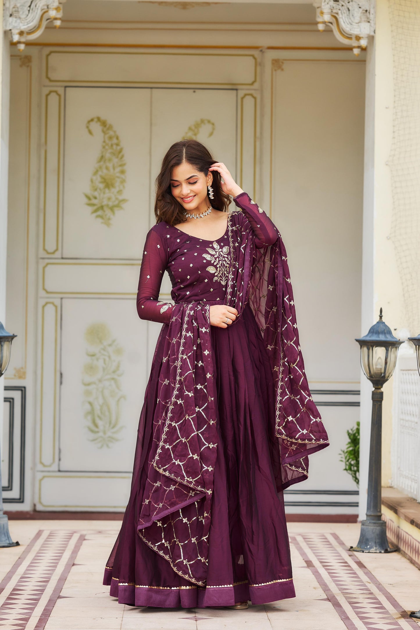 Awesome Rangoli Embroidery Work Teal Blue & Wine Color Gown