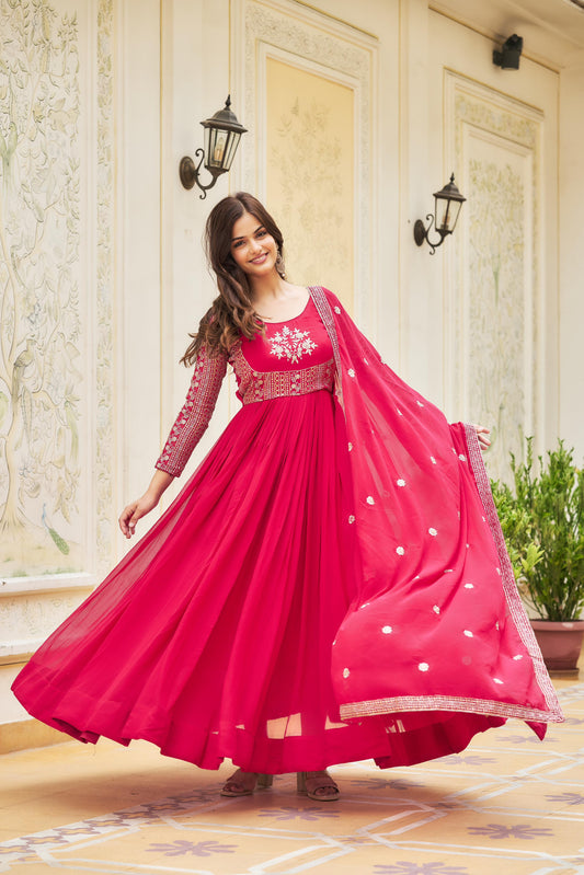 Wonderful Sequence Pink & Mehndi Color Heavy Gown