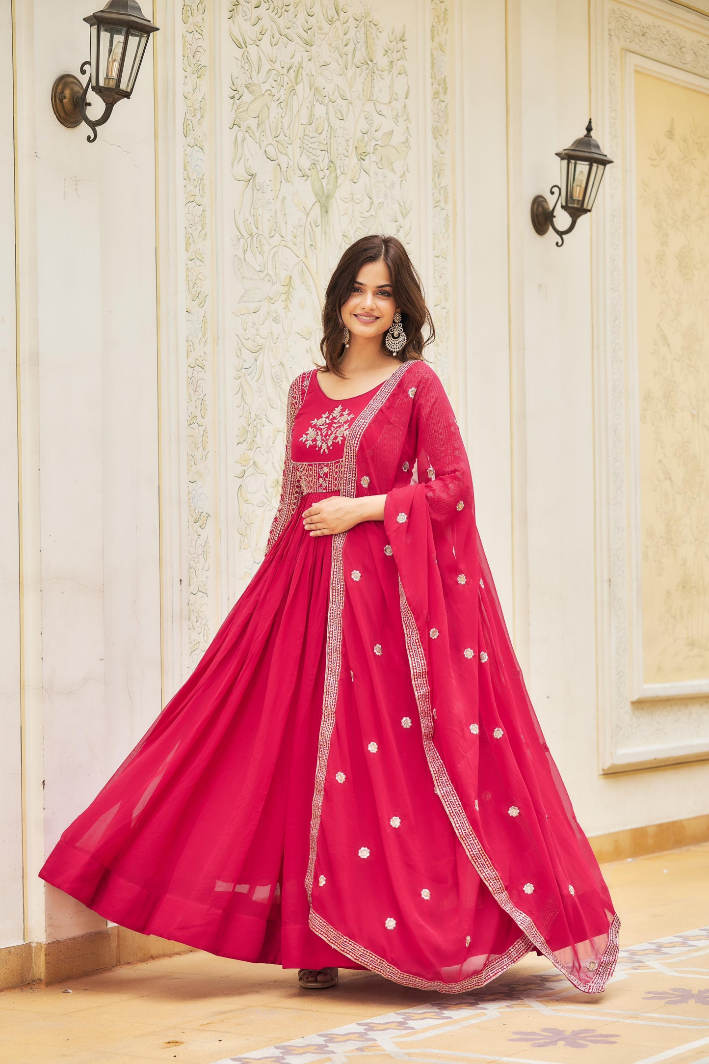 Wonderful Sequence Pink & Mehndi Color Heavy Gown