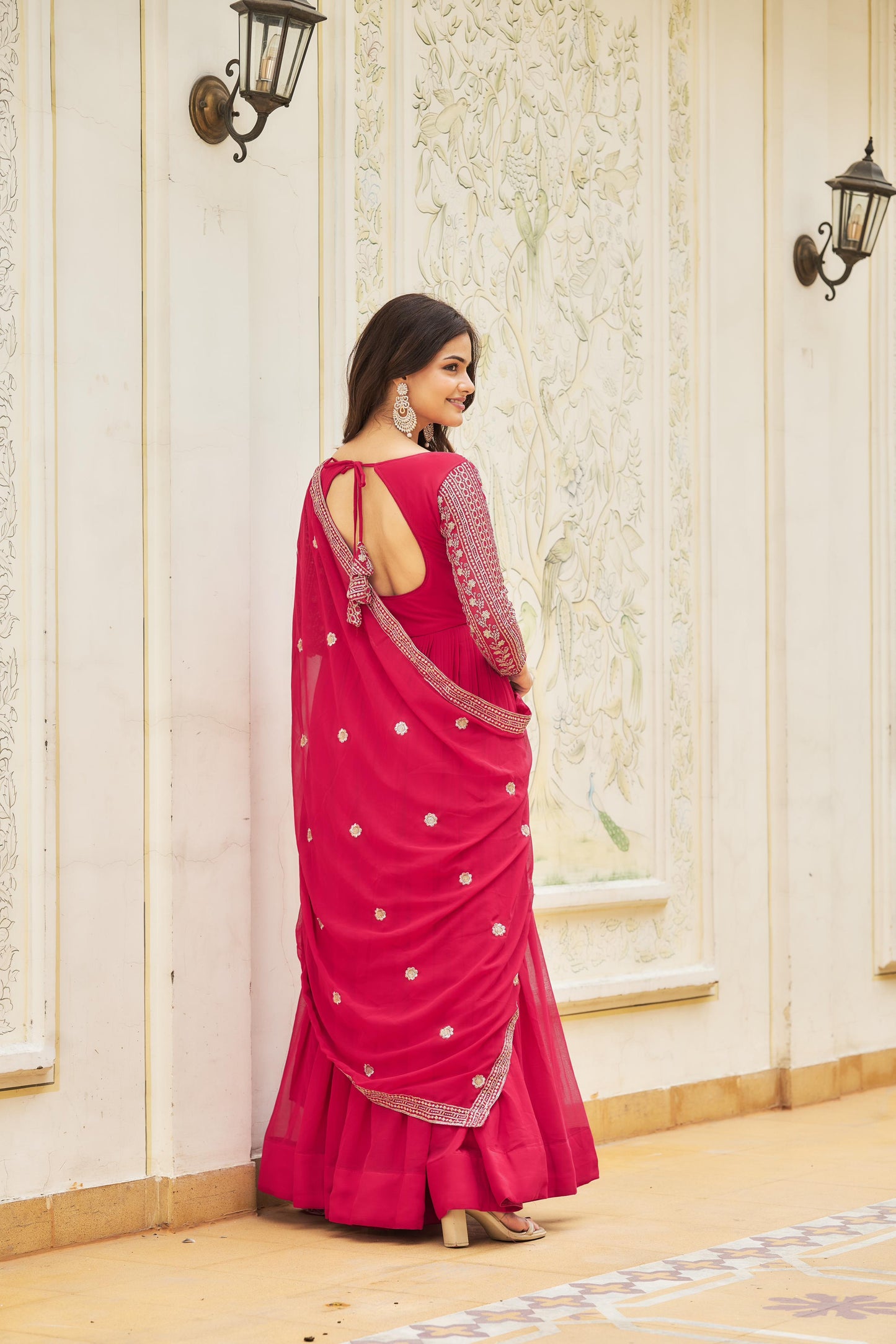 Wonderful Sequence Pink & Mehndi Color Heavy Gown