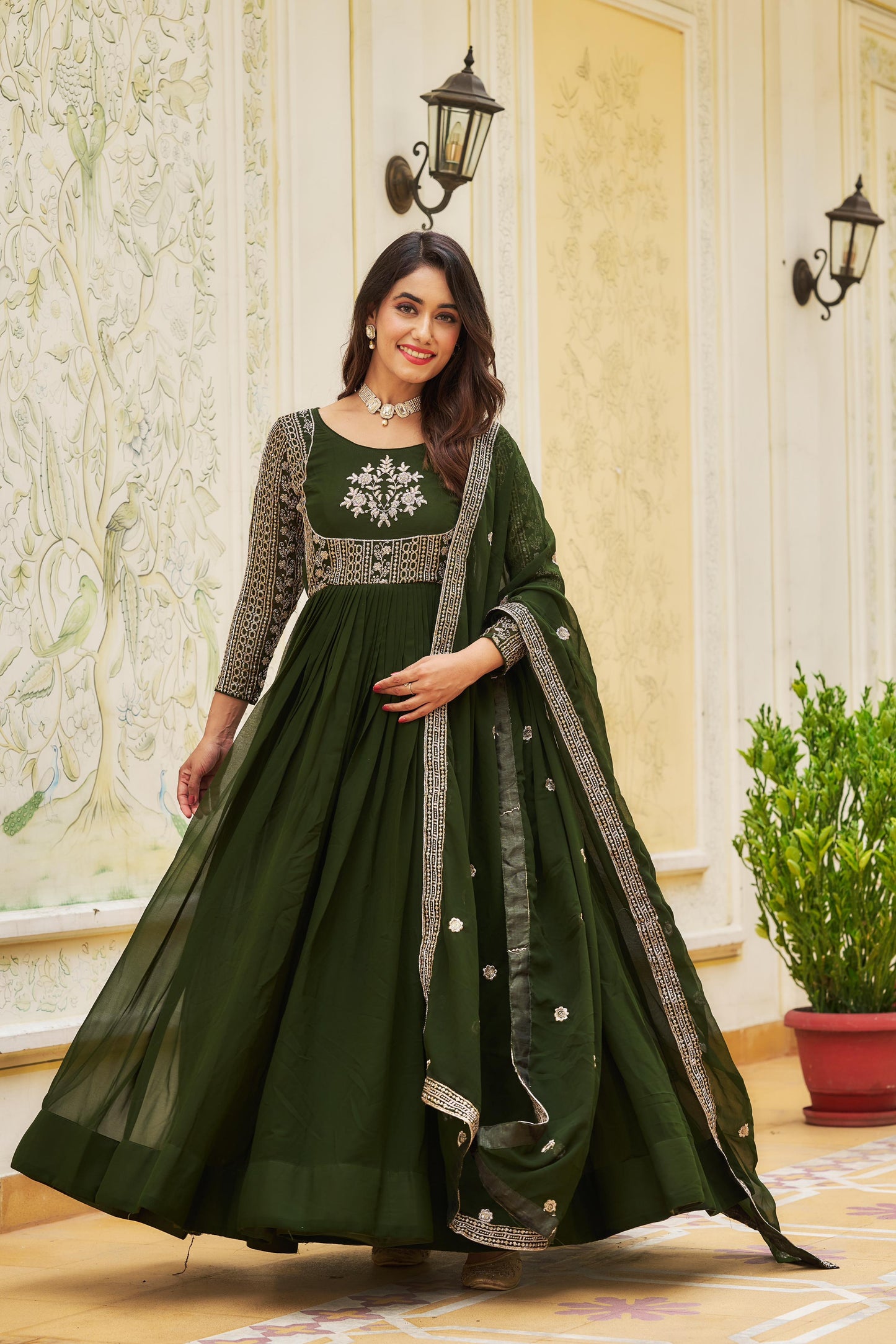 Wonderful Sequence Pink & Mehndi Color Heavy Gown