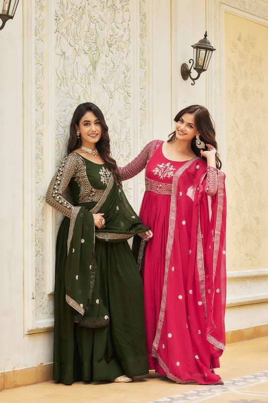 Wonderful Sequence Pink & Mehndi Color Heavy Gown